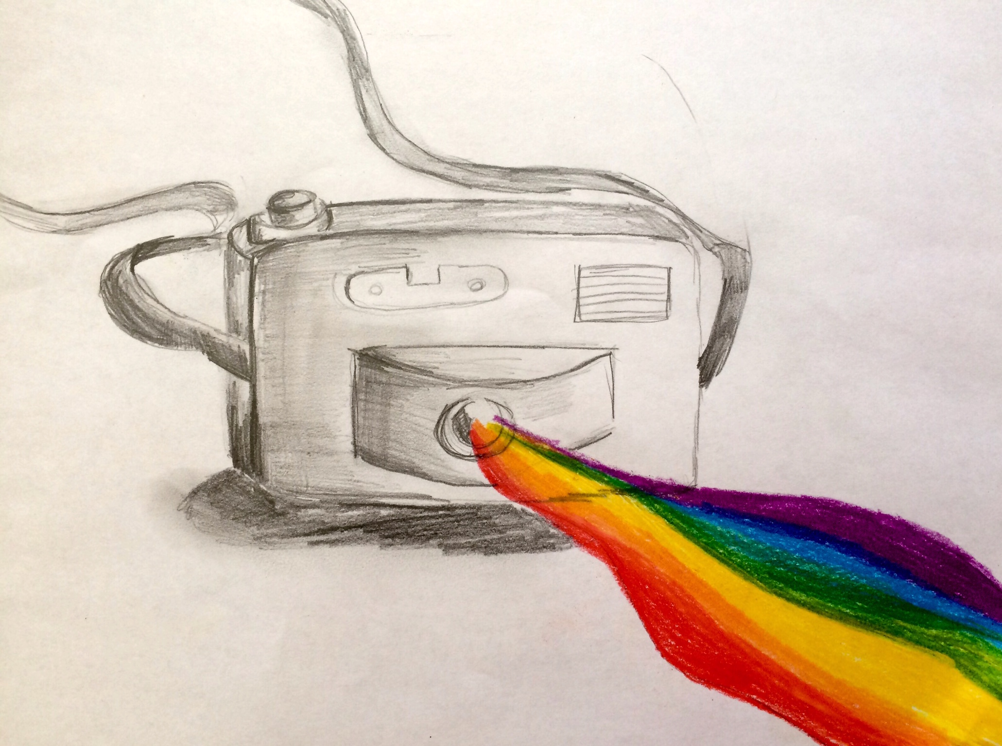 drawing of camera with rainbow coming out of lens
