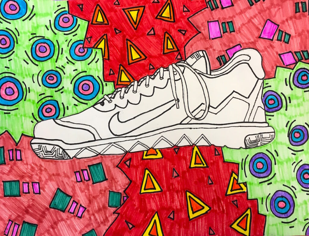 observational drawing of shoe surrounded by different designs