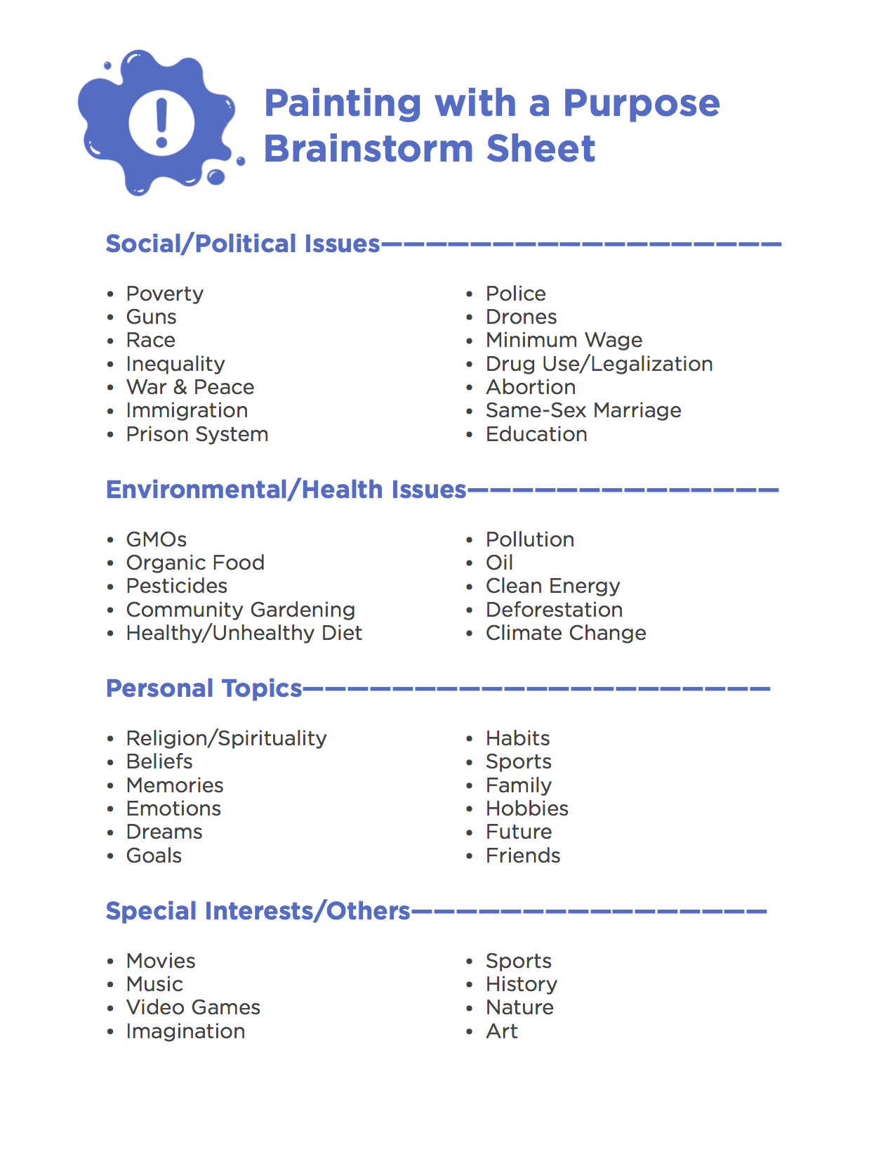 Painting with a Purpose Brainstorm Sheet