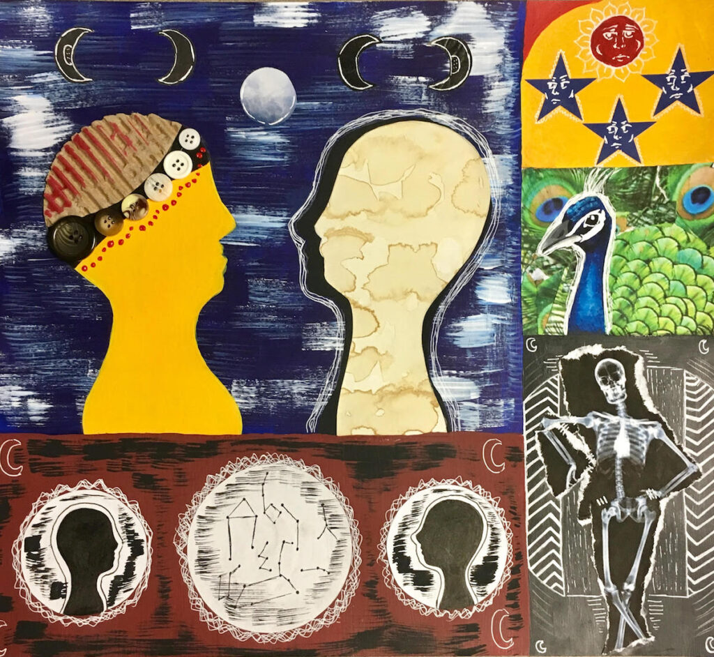 student artwork in collage and painting