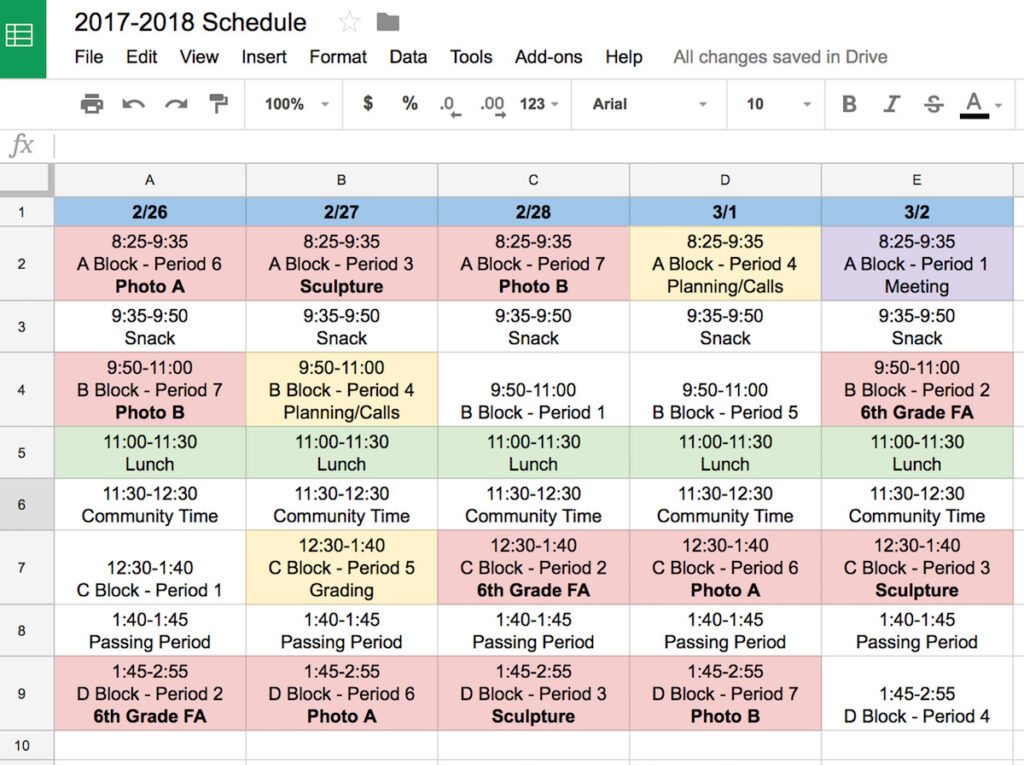 art teacher schedule
