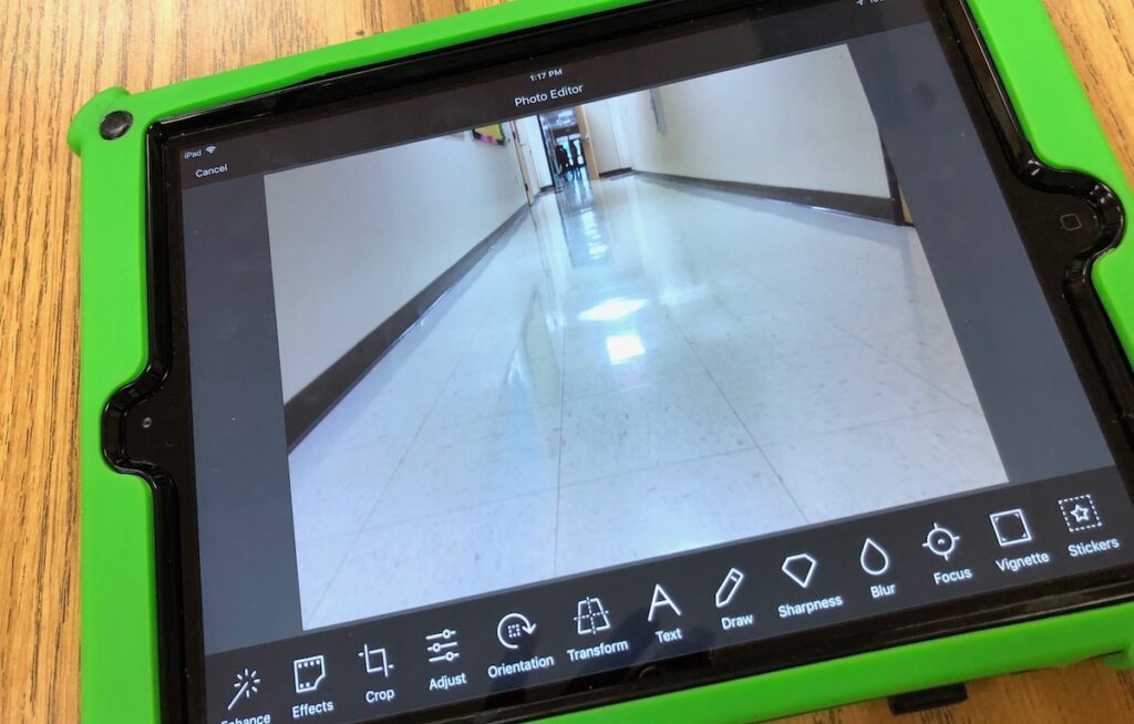 school ipad with photo of hallway
