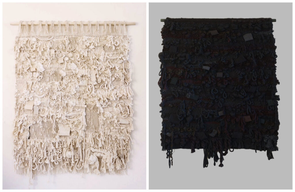 two images of wallhangings, one white, one black
