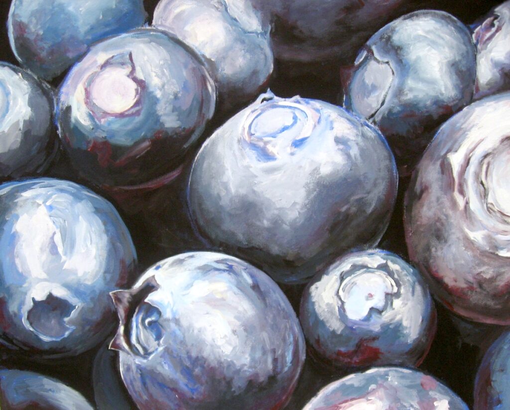 student painting of blueberries
