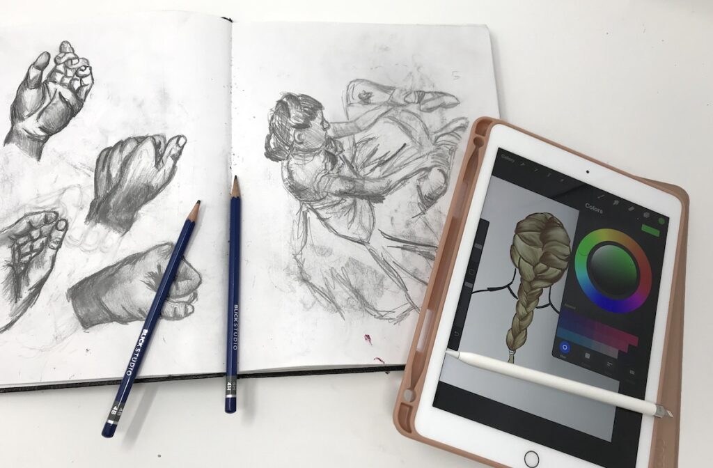 art on iPad next to drawing