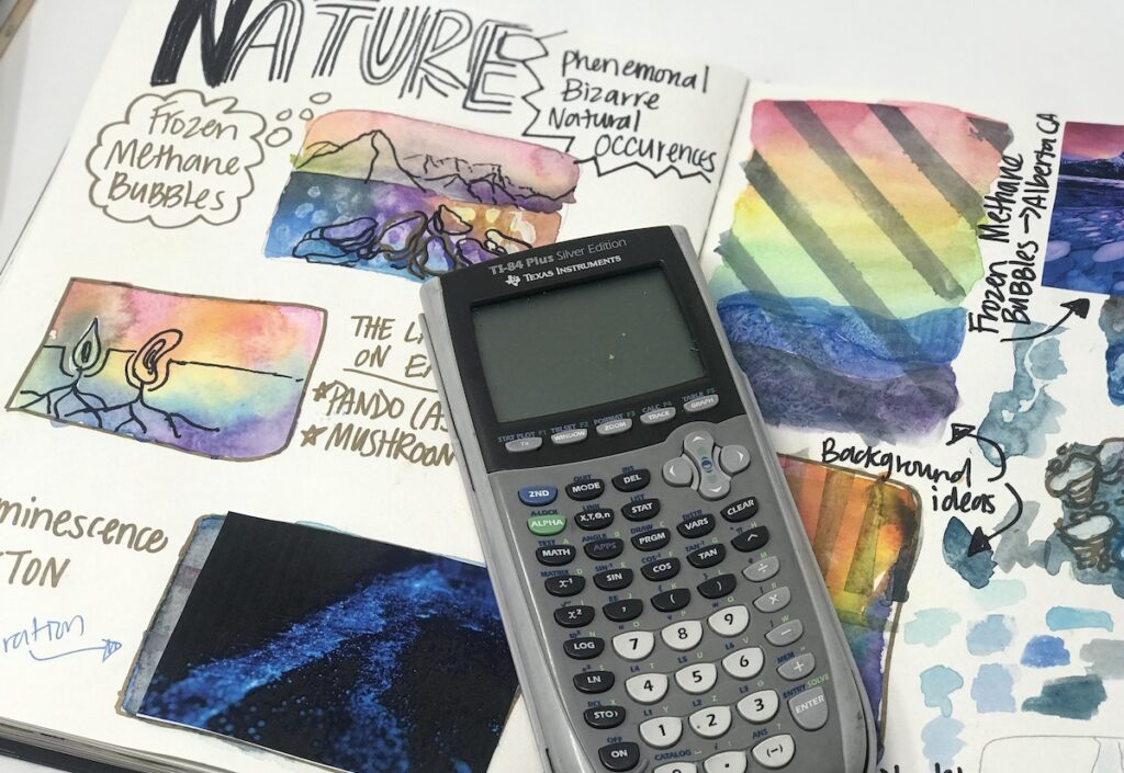 Image of a calculator and sketchnotes