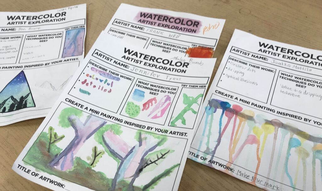 Completed watercolor study sheets