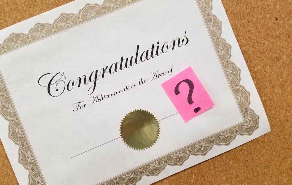 certificate of congratulations with a question mark