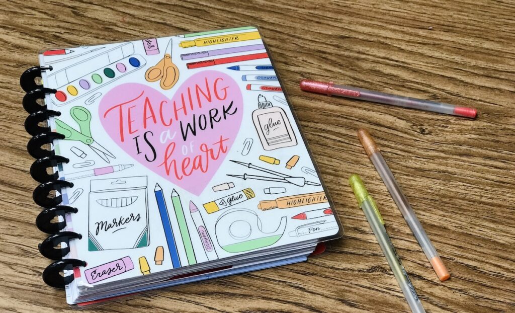 Teacher planner and pens