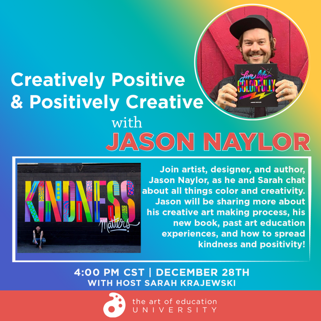Photo Jason Naylor and one of his colorful artworks with a description of the IG Live conversation