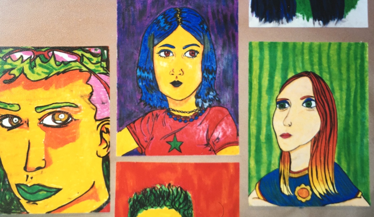 student created colorful self portraits