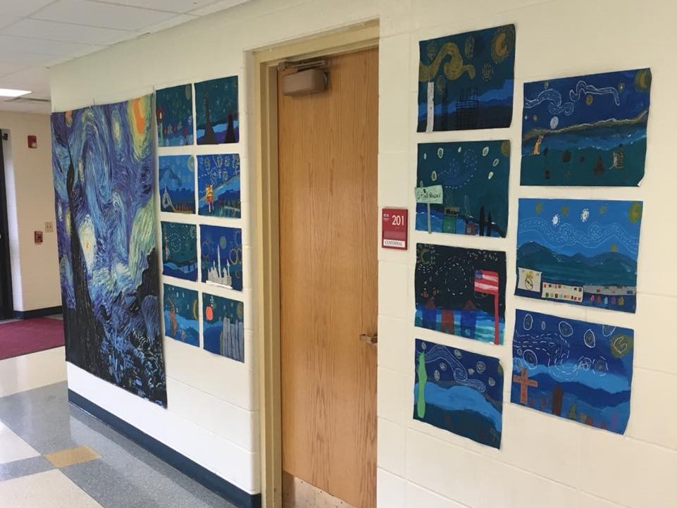 student artwork on display as parodies of the starry night by vincent van gogh
