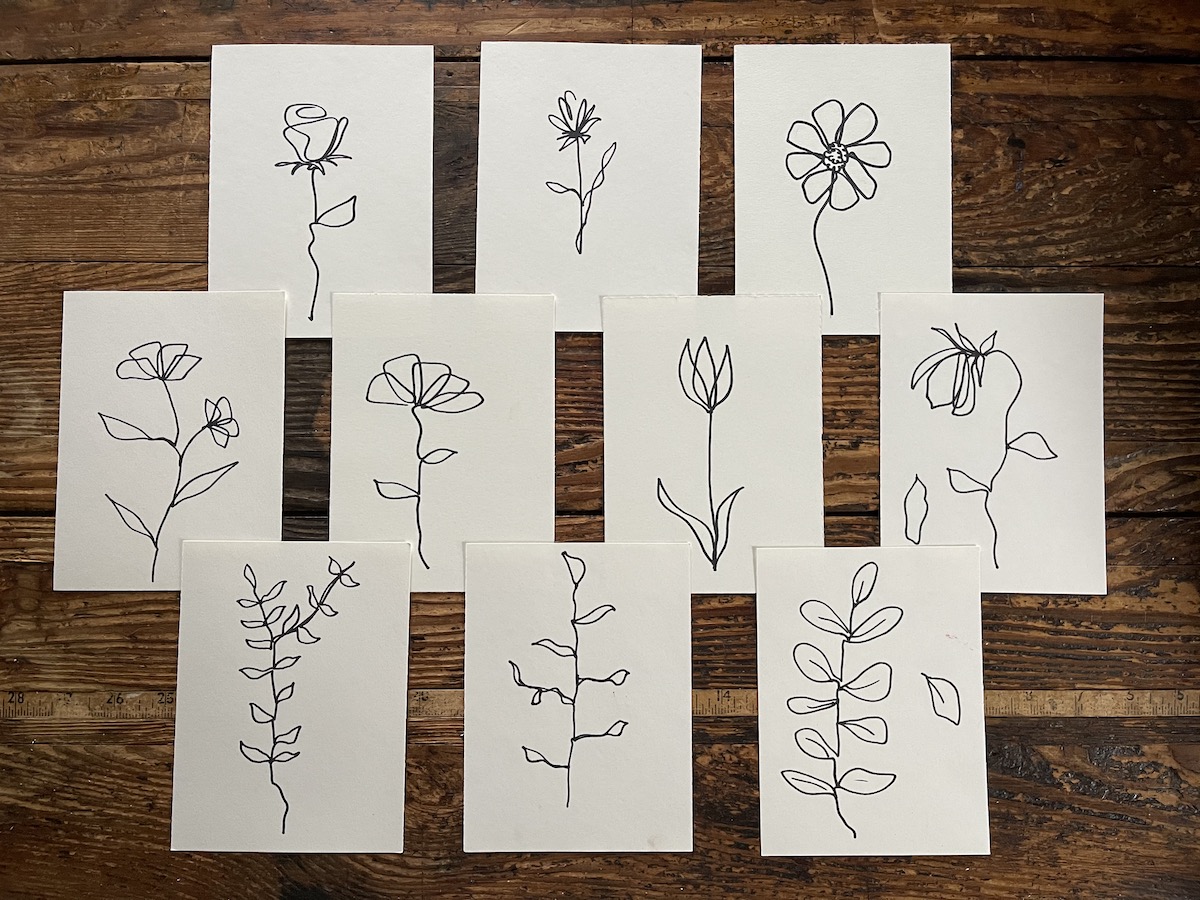 contour flowers drawn on paper