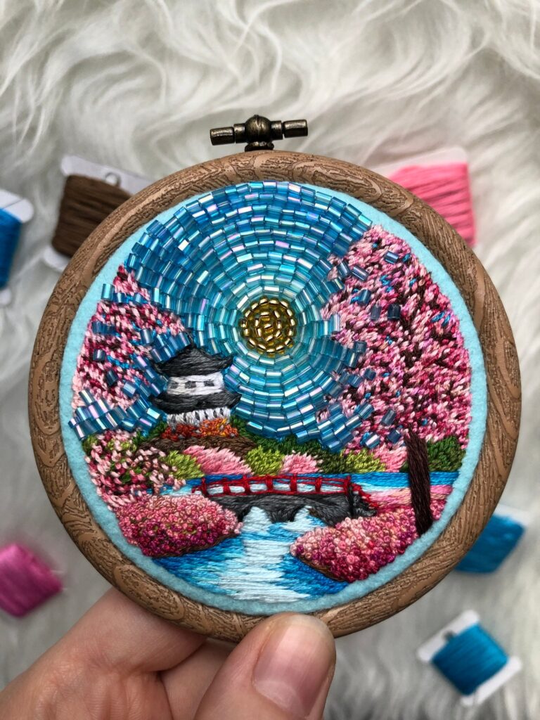Blooming Sakura, hand embroidered landscape art