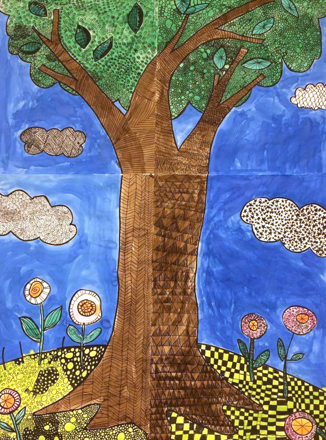 tree with black marker patterns and filled with color