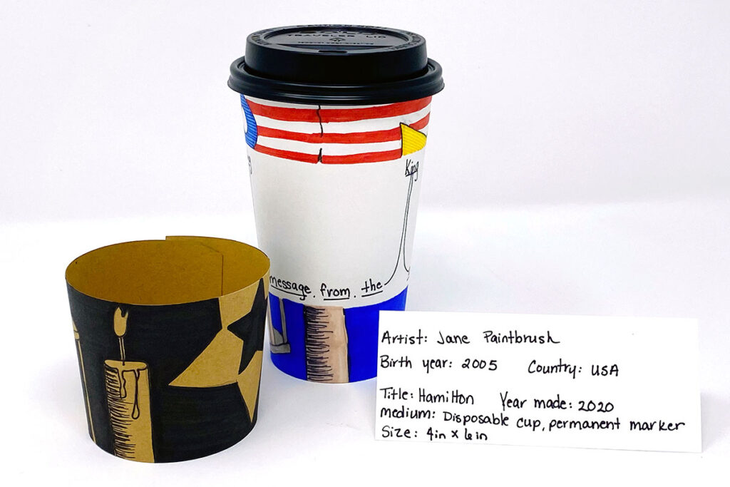 student exemplar using a disposable coffee cup with drawings and paintings