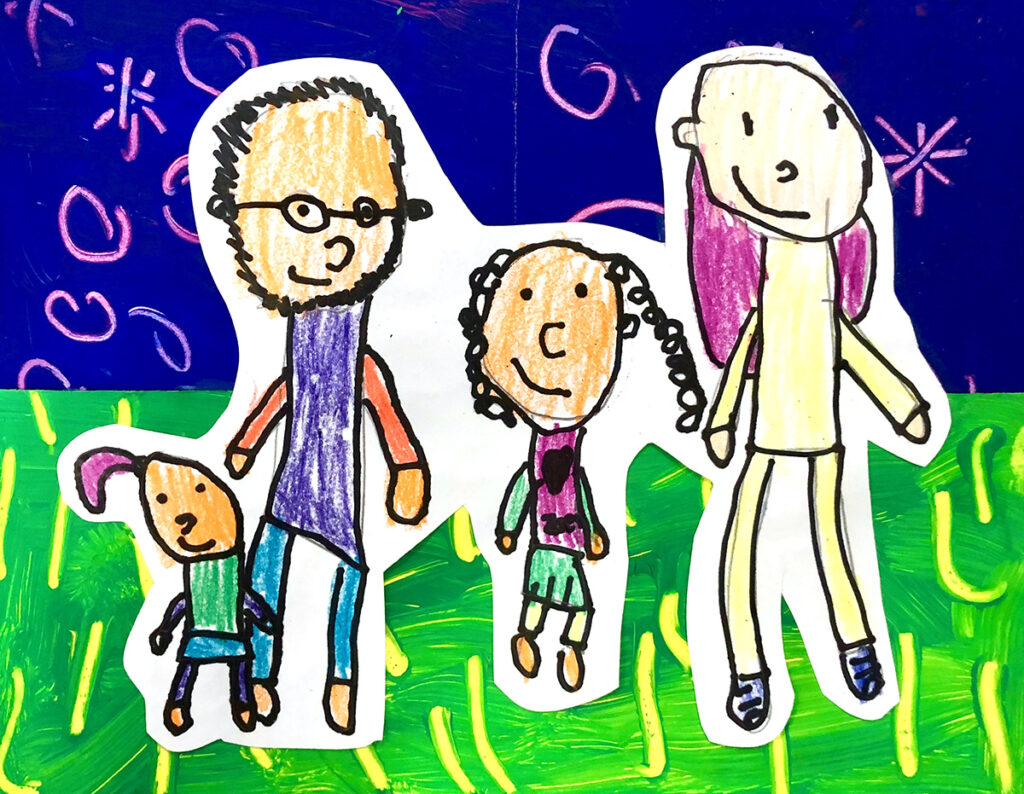 drawing of four family members with grass and sky