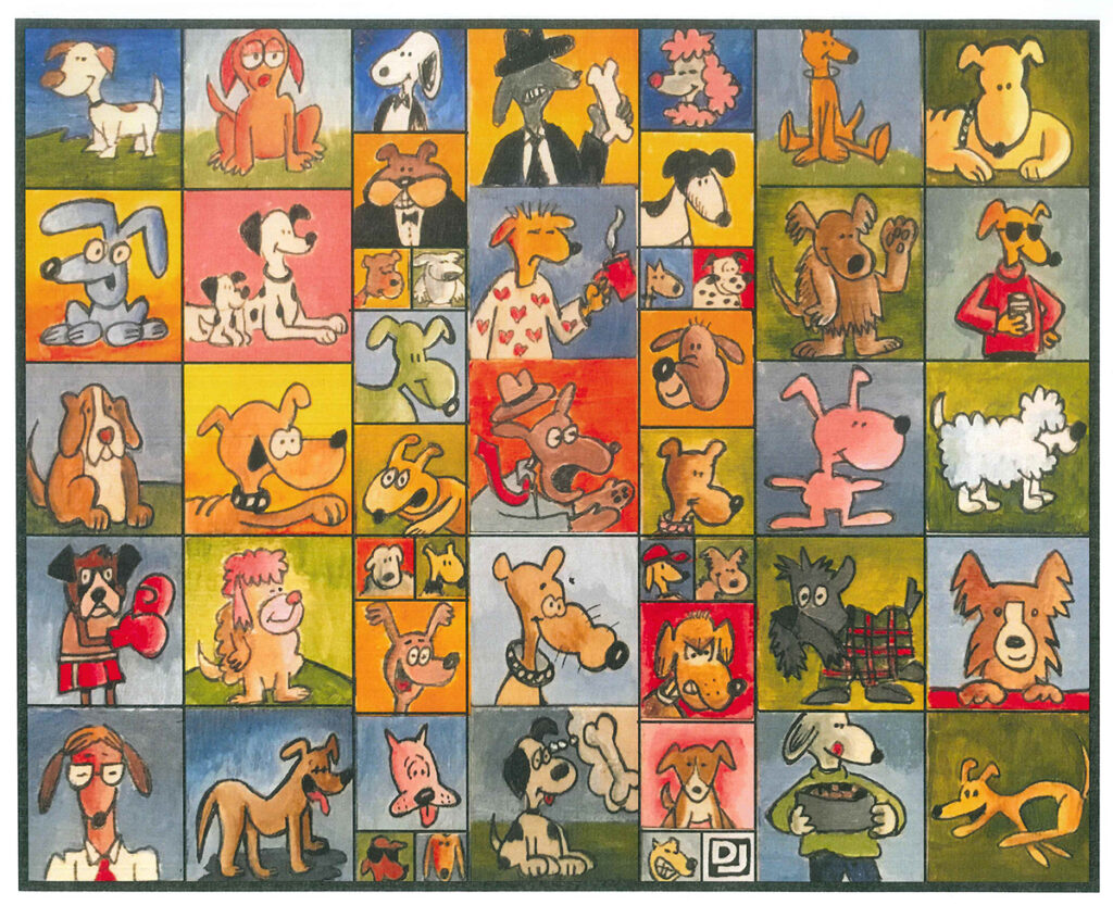 grid of cartoon dogs
