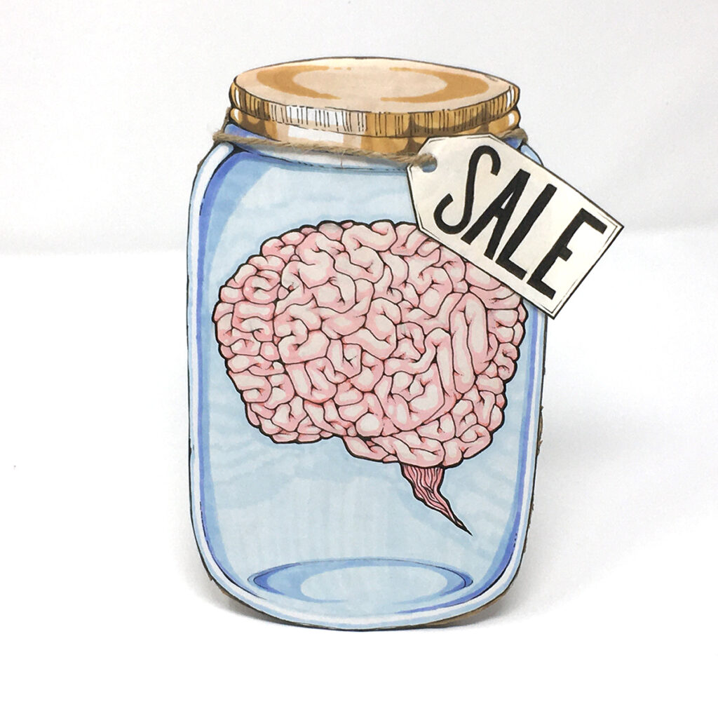 artwork of mason jar with sale tag and brain inside