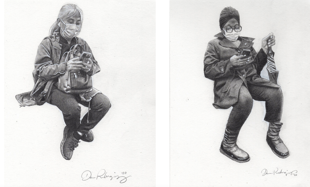 two portraits of women with masks and phones