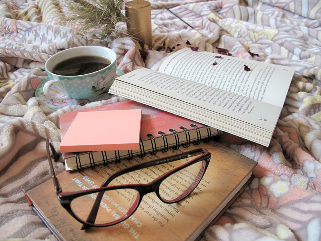 book, tea, glasses