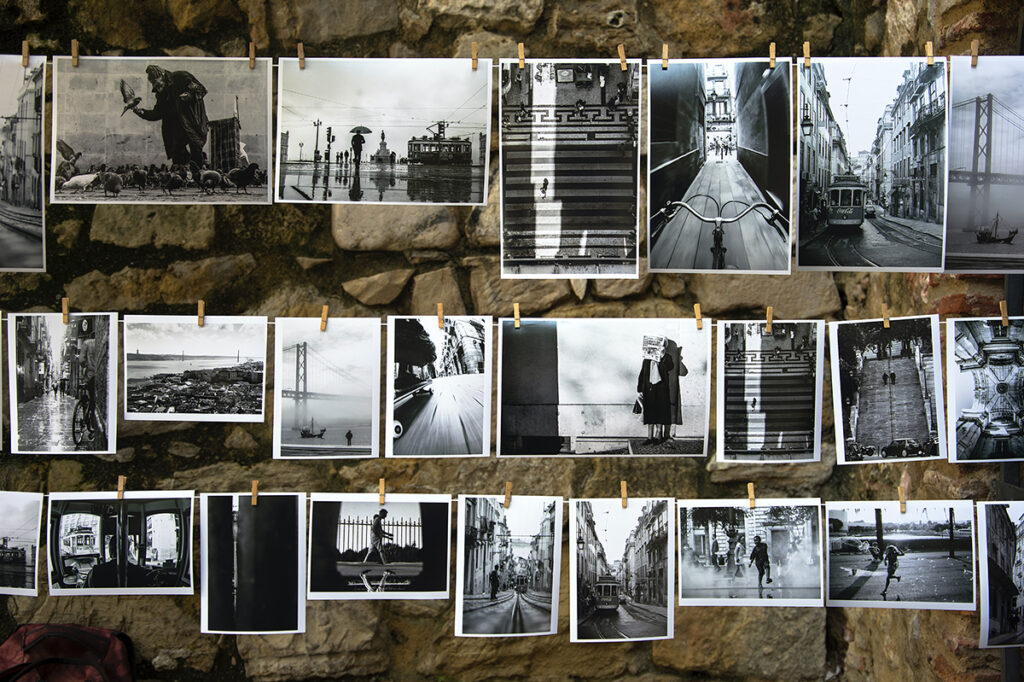black and white photos display