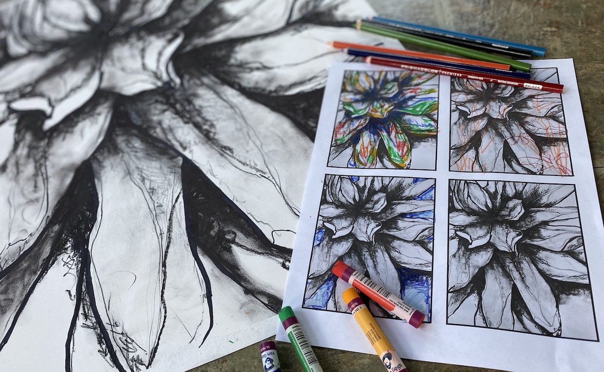 floral-inspired artwork with oil pastels