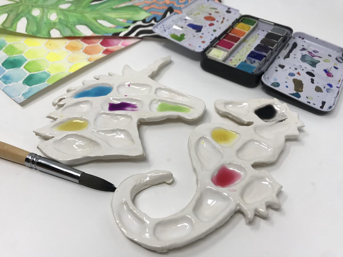 Ceramic paint palettes in shape of unicorn and sea horse