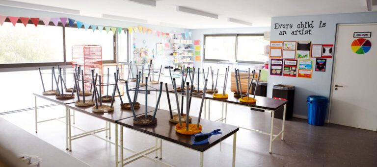 Empty Art Classroom In Elementary School With Chairs Stacked On Tables