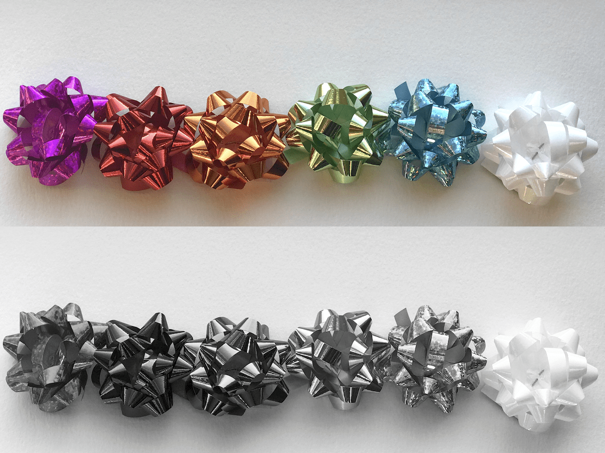 color photo and black and white photo of present bows arranged by value