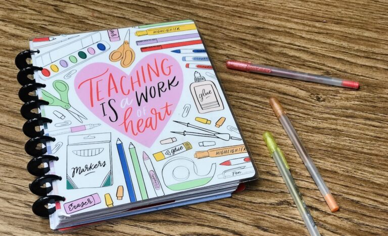 Teacher planner and pens