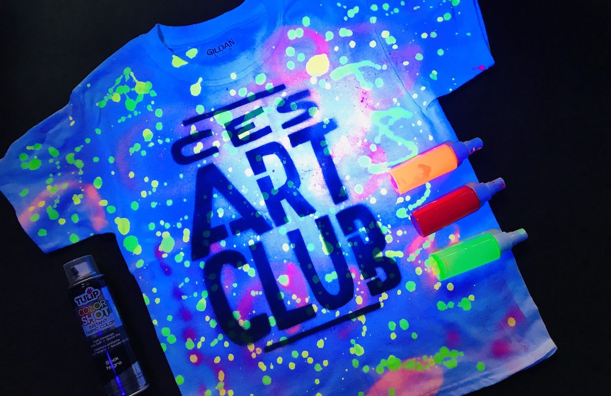 Art Club T-shirt made with blacklight and splatter paint