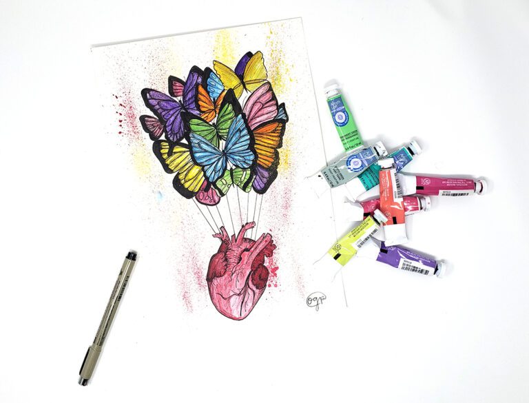 artwork of butterflies carrying a heart