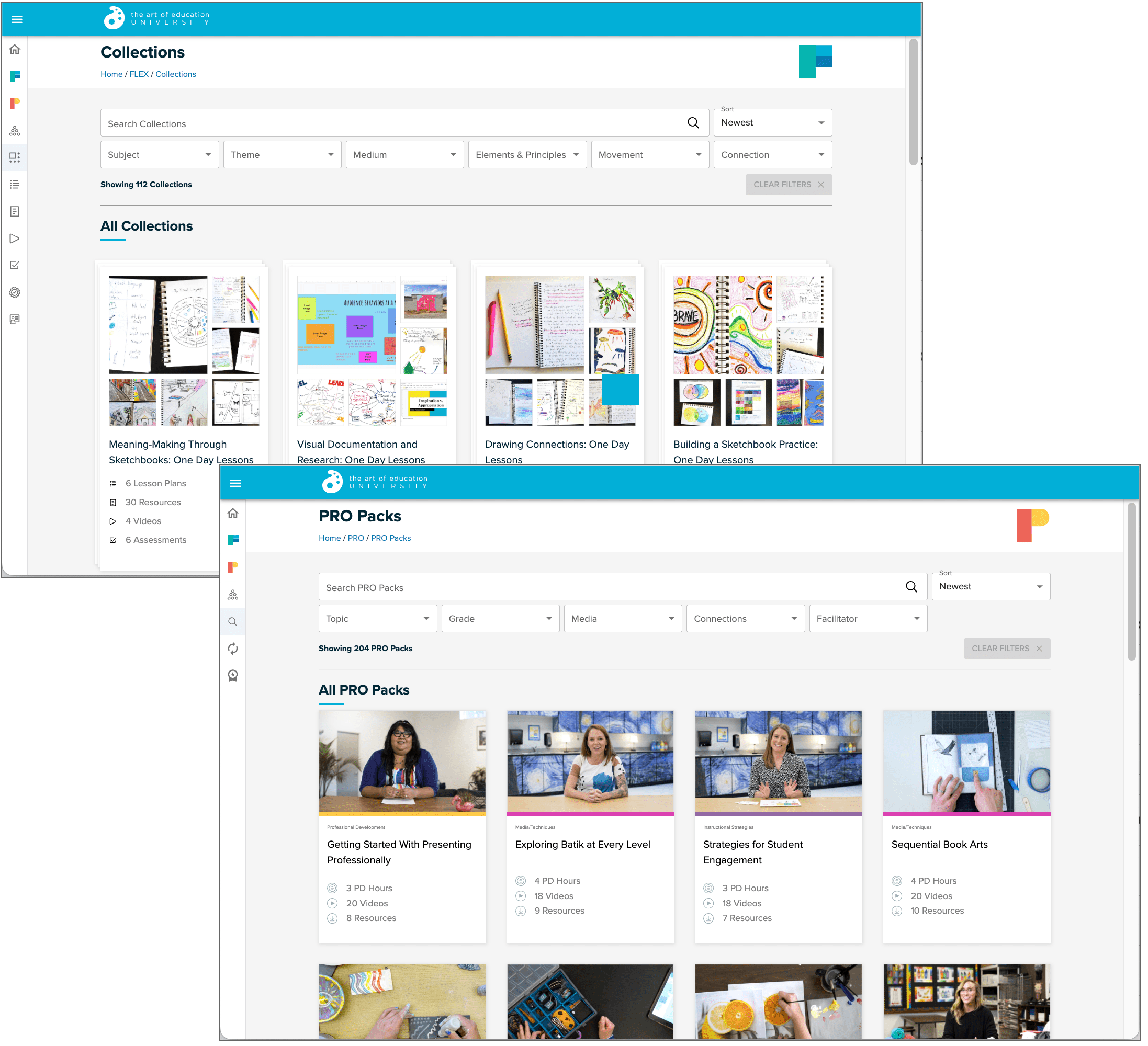 Screenshots of the FLEX and PRO online searchable resources libraries