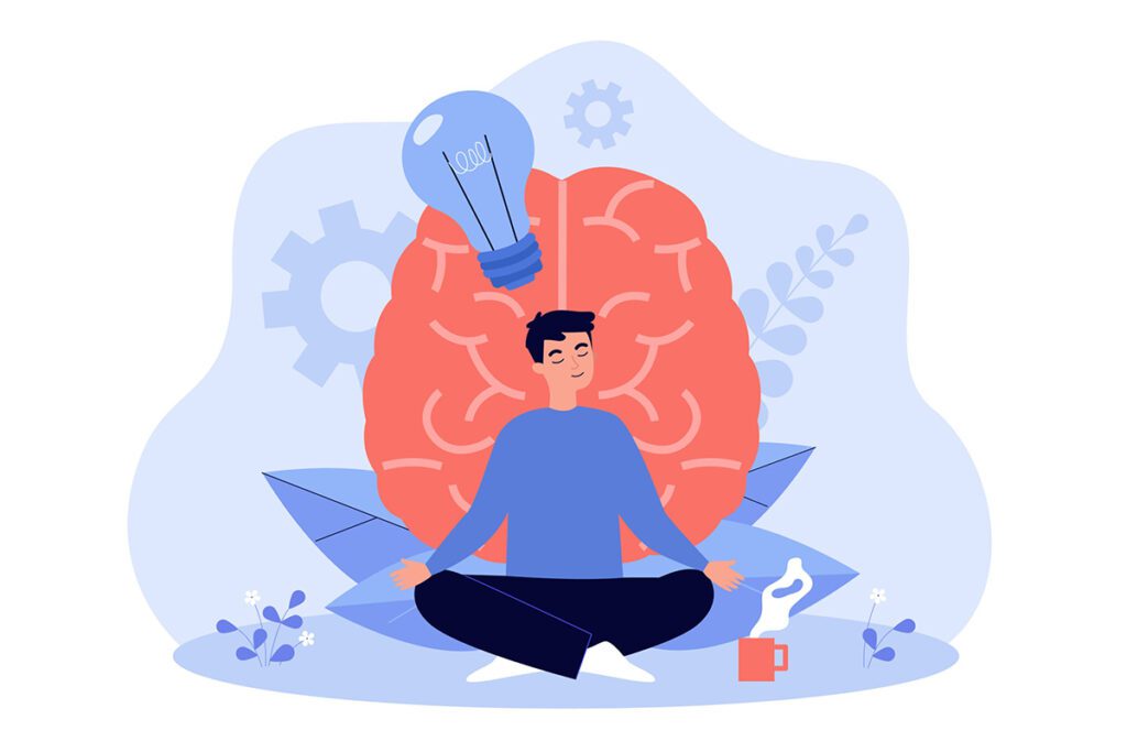person meditating with lightbulb and brain