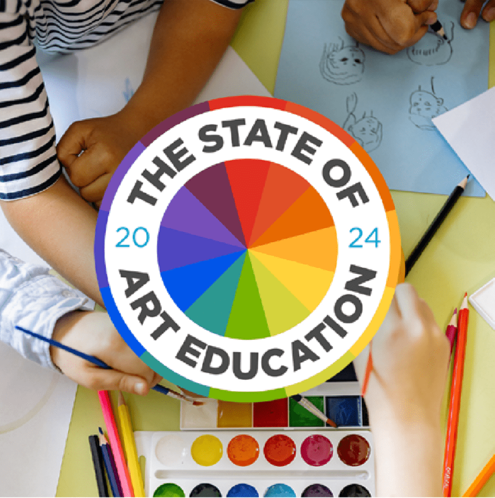 2024 State of Art Education Survey Logo centered over an image of students painting and drawing