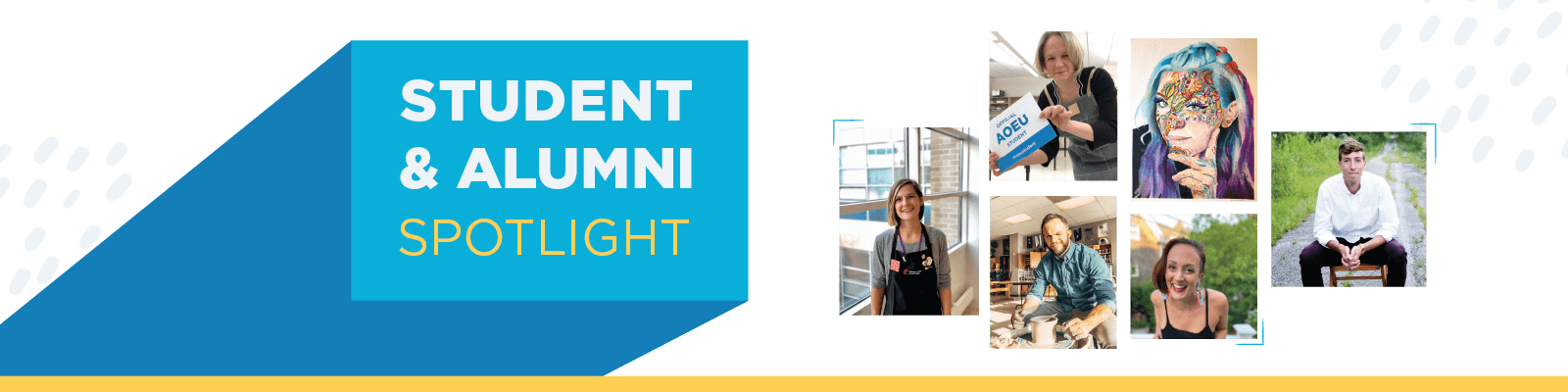 Student and Alumni Spotlight with images of AOEU students and alumno