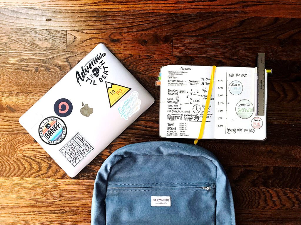 laptop, sketchbook, backpack