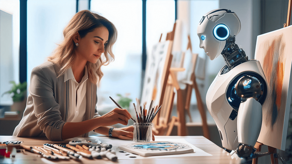 una mujer hace arte con un robot