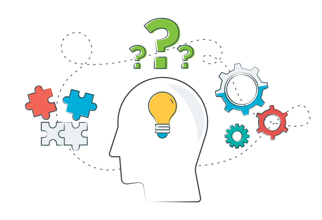 graphic of a head with a lightbulb and question marks for critical thinking