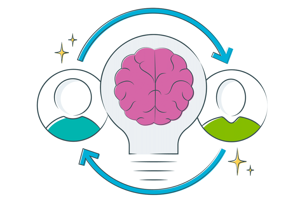 graphic of a brain with other heads sharing knowledge