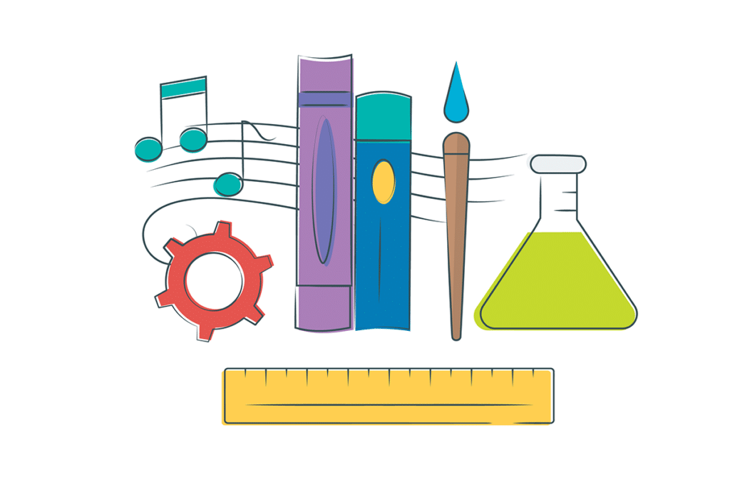 graphic of books, music notes, a beaker, a ruler, and a paintbrush