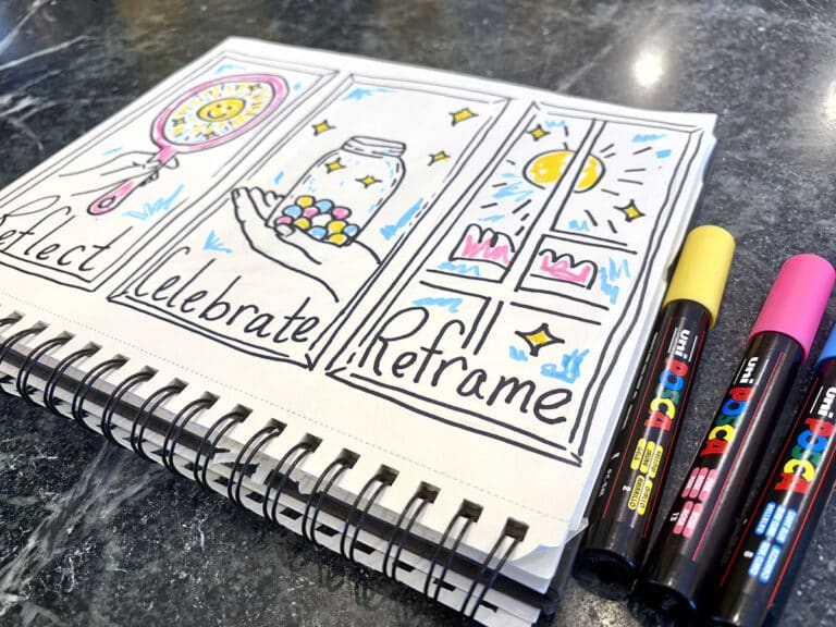 reflect, celebrate, reframe sketchbook drawings with paint markers