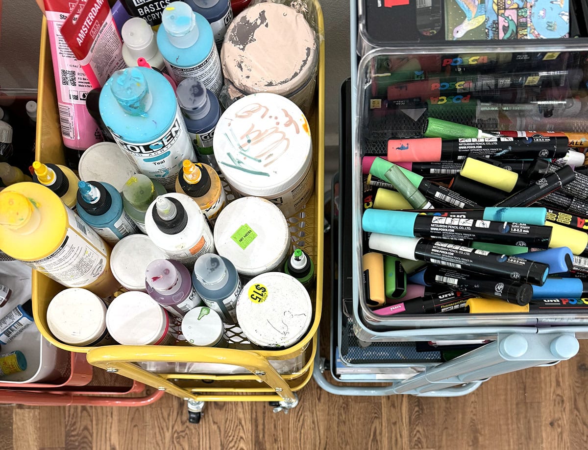 art supplies on a cart