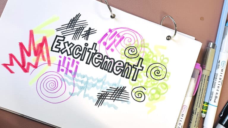 excitement in block letters with doodles around it