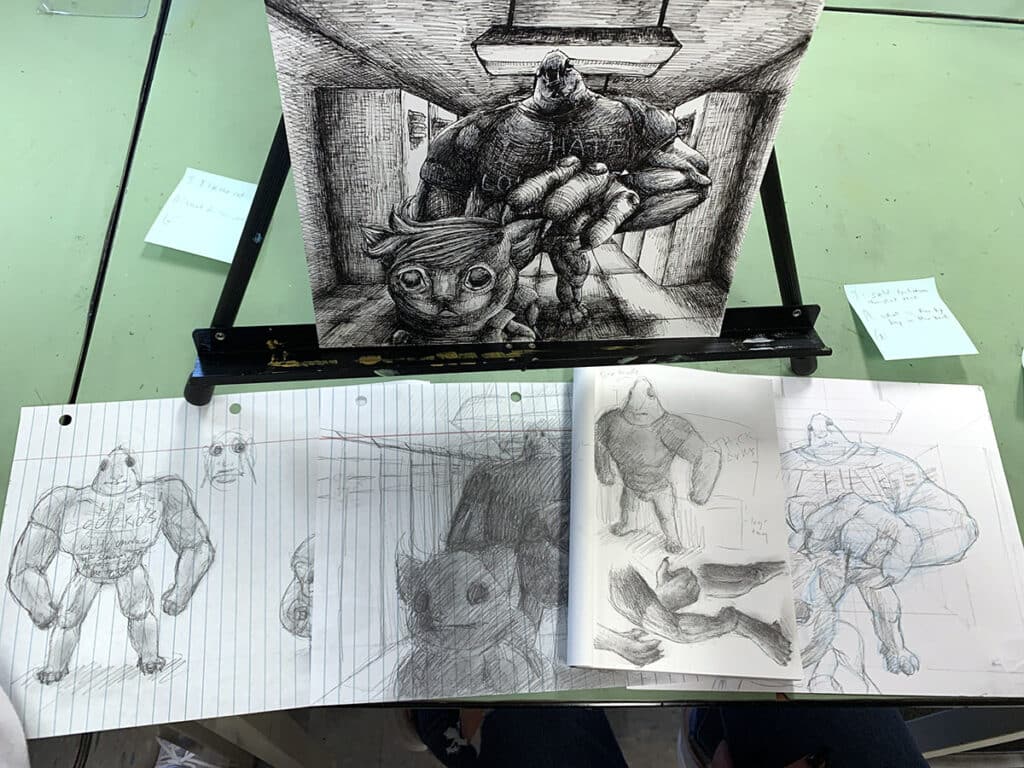 sketches with the final artwork