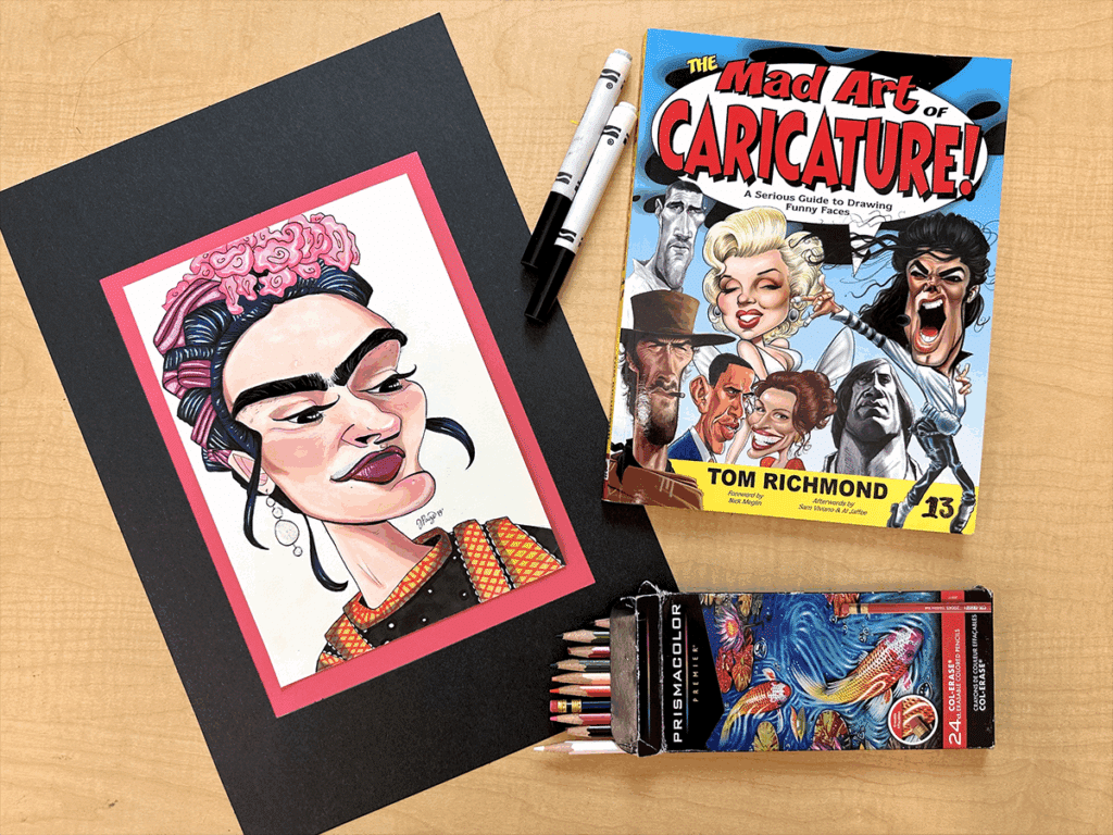 frida caricature, books, and supplies