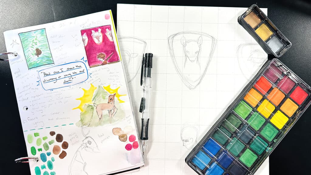 sketchbook with a question and artwork