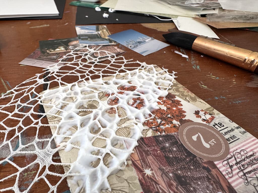 collage supplies and collage in progress