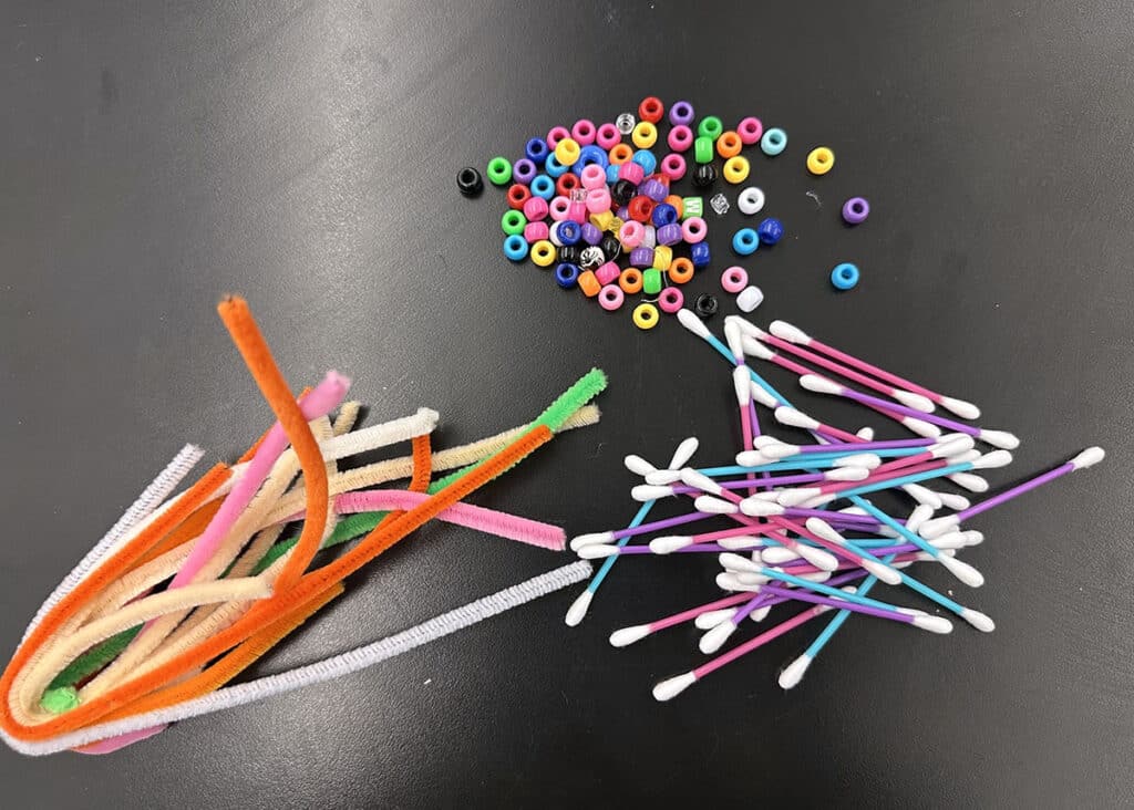 pony beads, pipe cleaners, q-tips